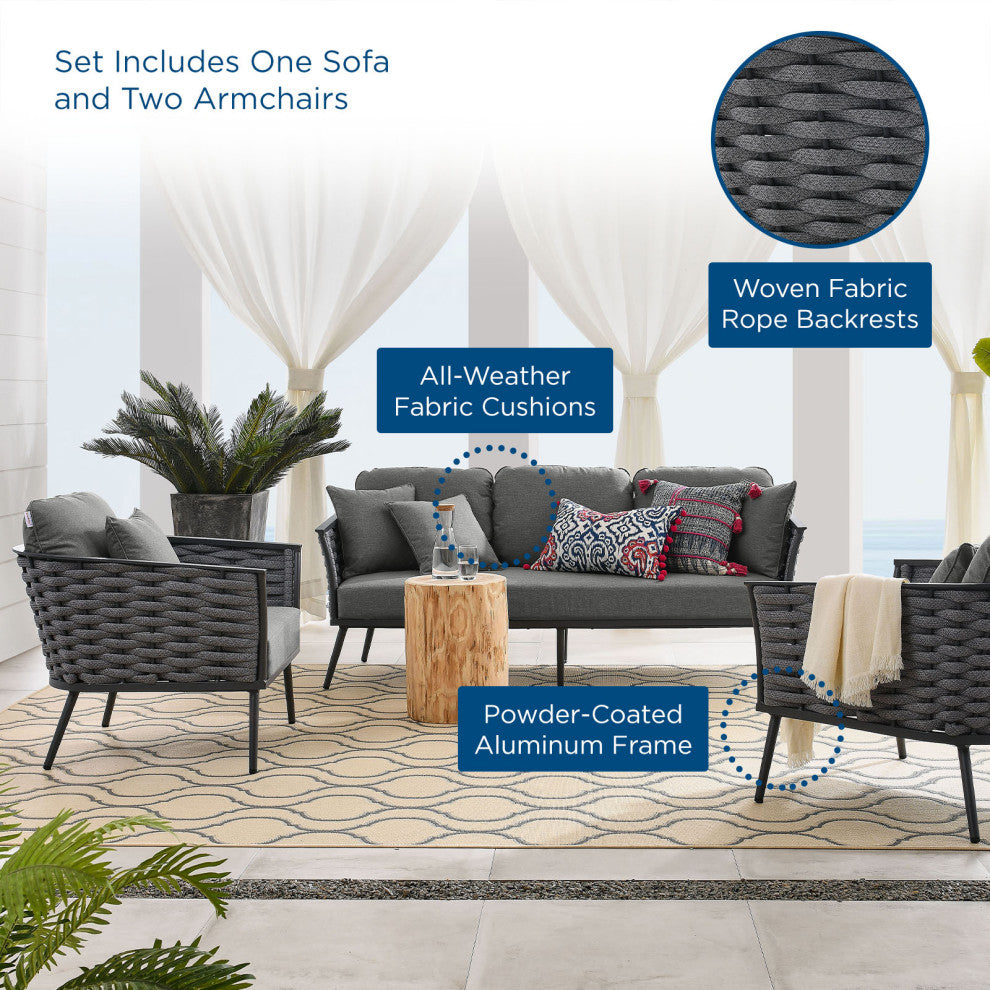 Lounge Sectional Sofa Chair Set, Gray, Aluminum, Modern, Outdoor Patio