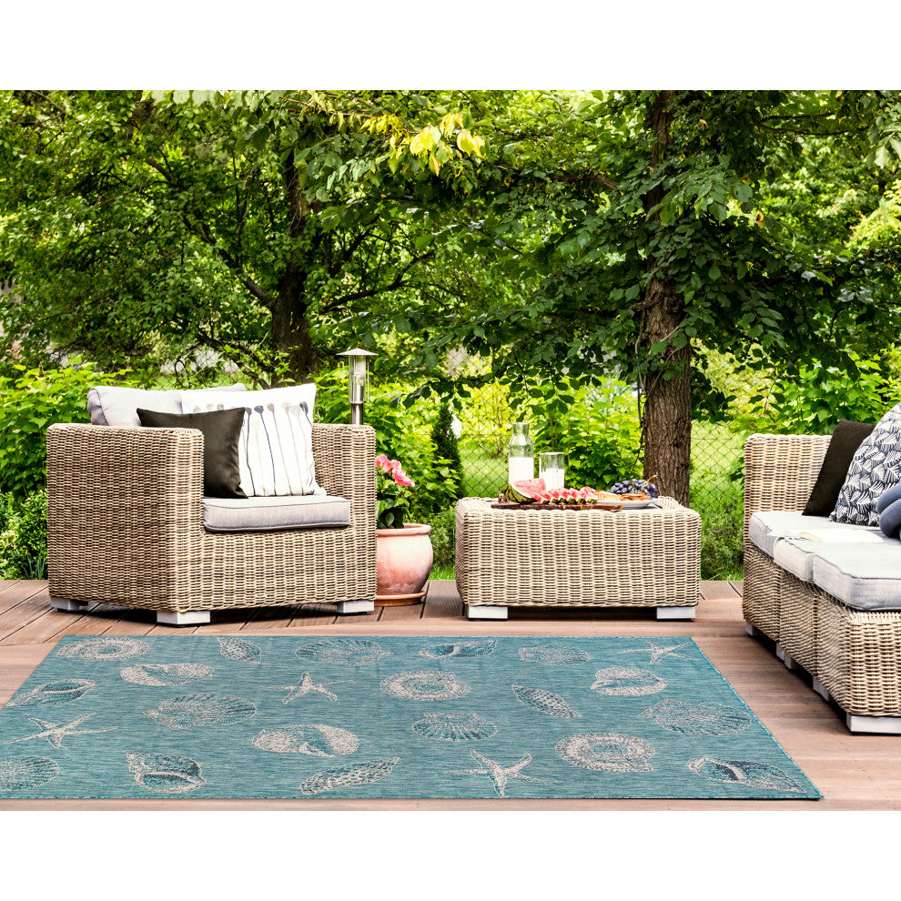 Carmel Shells Indoor/Outdoor Rug, Aqua, 6'6"x9'3"