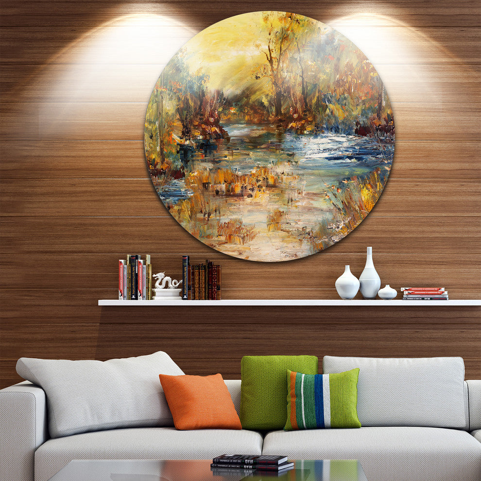 River In Forest Oil, Landscape Disc Metal Wall Art, 11"