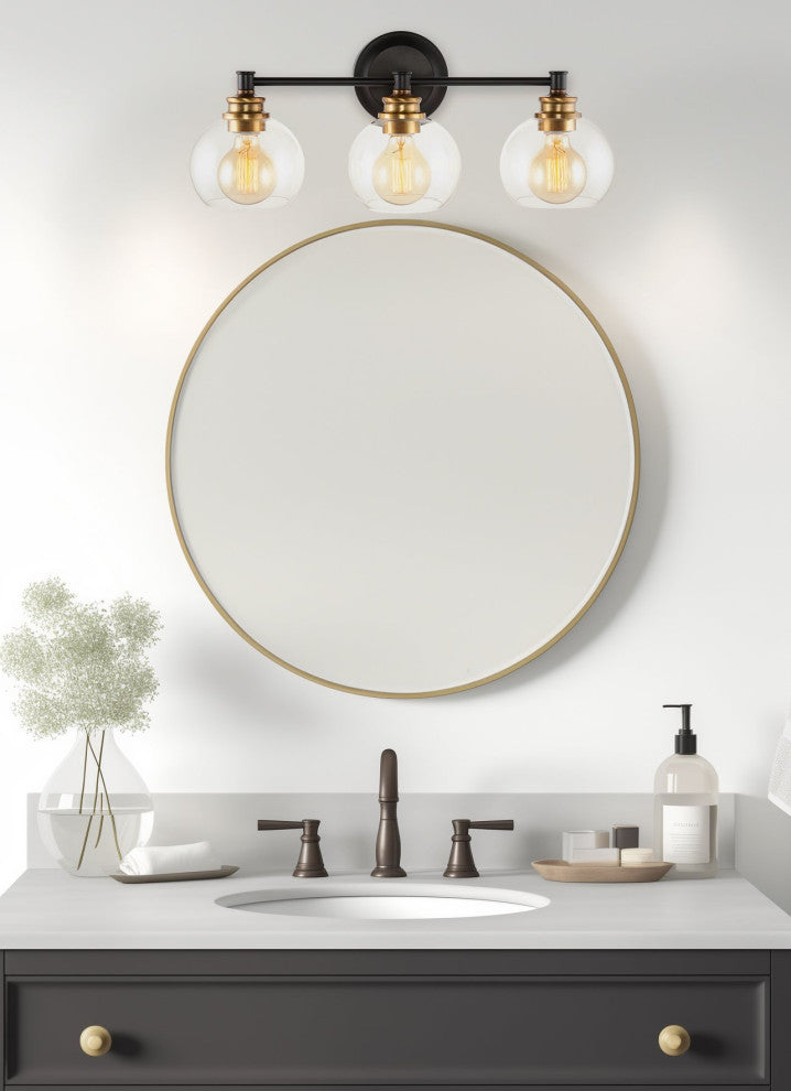 Kira Home Odette 22" Bathroom Light, Glass Globe Shades, Warm Brass Accents, Oil