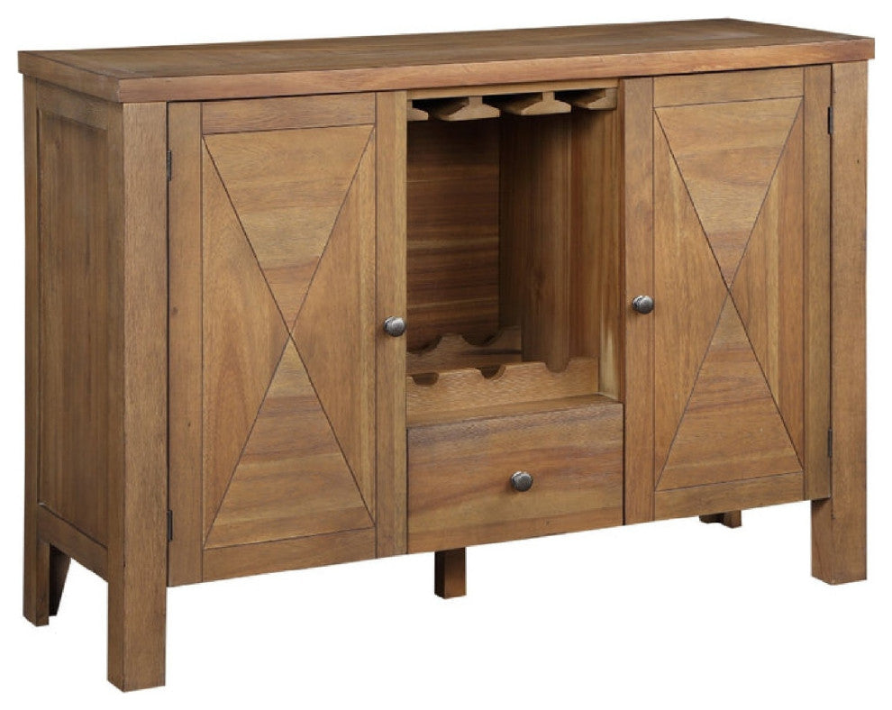 Benzara BM275729 Wood Sideboard Buffet Bar Cabinet, Stemware Rack, Rustic Brown