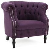 Elegant Plum Velvet Armchair with Tufted Back and Studded Scroll Arms