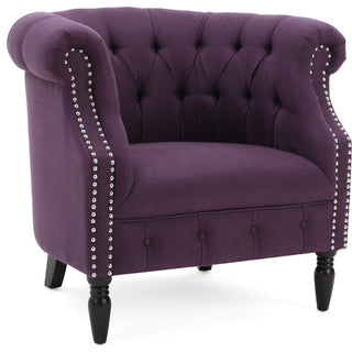 Elegant Plum Velvet Armchair with Tufted Back and Studded Scroll Arms