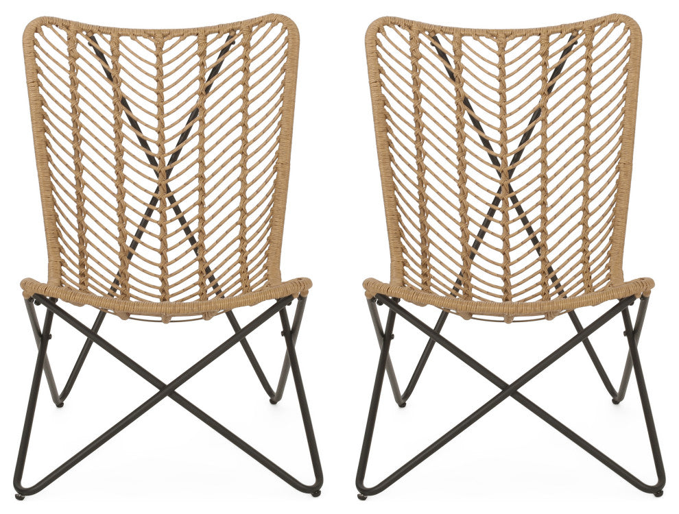 Juan Outdoor Wicker Accent Chairs, Set of 2, Light Brown/Black