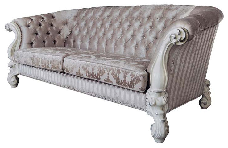 Acme Versailles Sofa With 7 Pillows Ivory Fabric and Bone White Finish