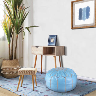 Handmade Moroccan Ottoman, Genuine Leather Pouf, Sky Blue