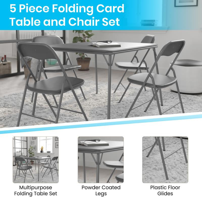 5 Piece Folding Card Table and Chair Set, Gray