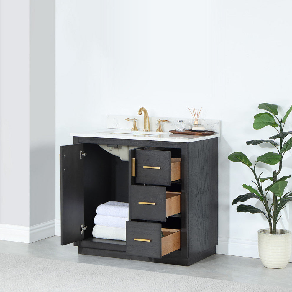 Gazsi Brown Oak Bathroom Vanity Set, 36", Without Mirror