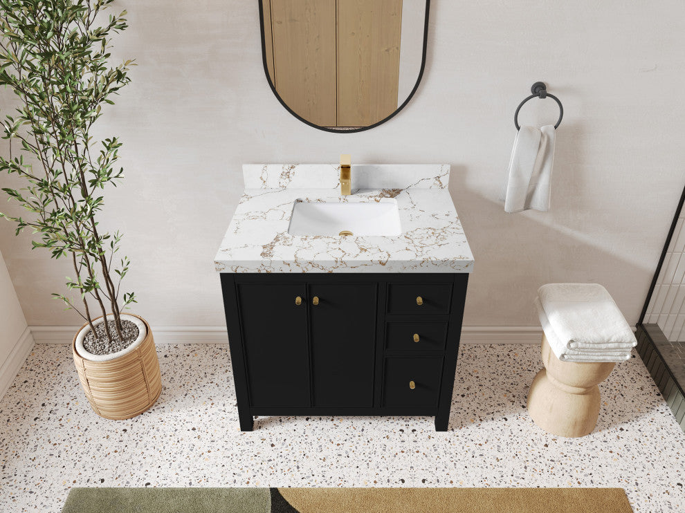 Chicago 36" Center Sink Bathroom Vanity, Black 2" Viola Gold