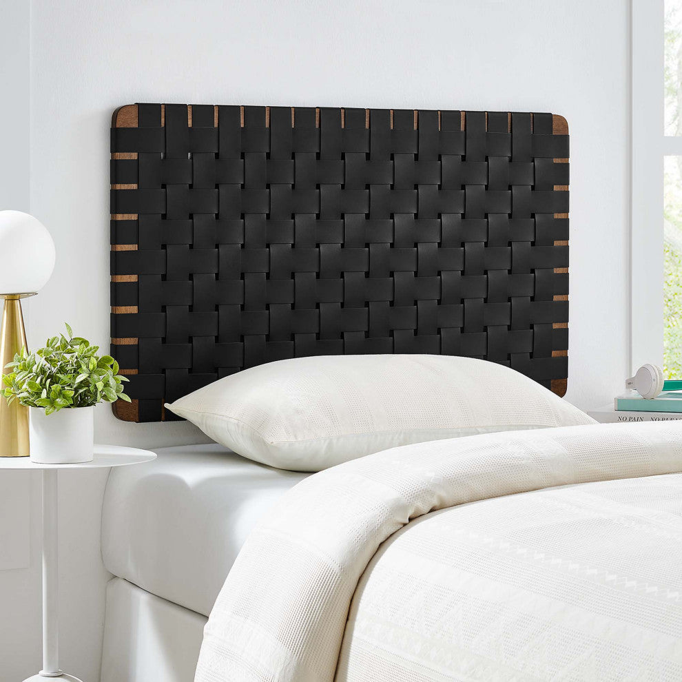 Sparta Weave Wall-Mount Vegan Leather Twin Headboard, Walnut Black