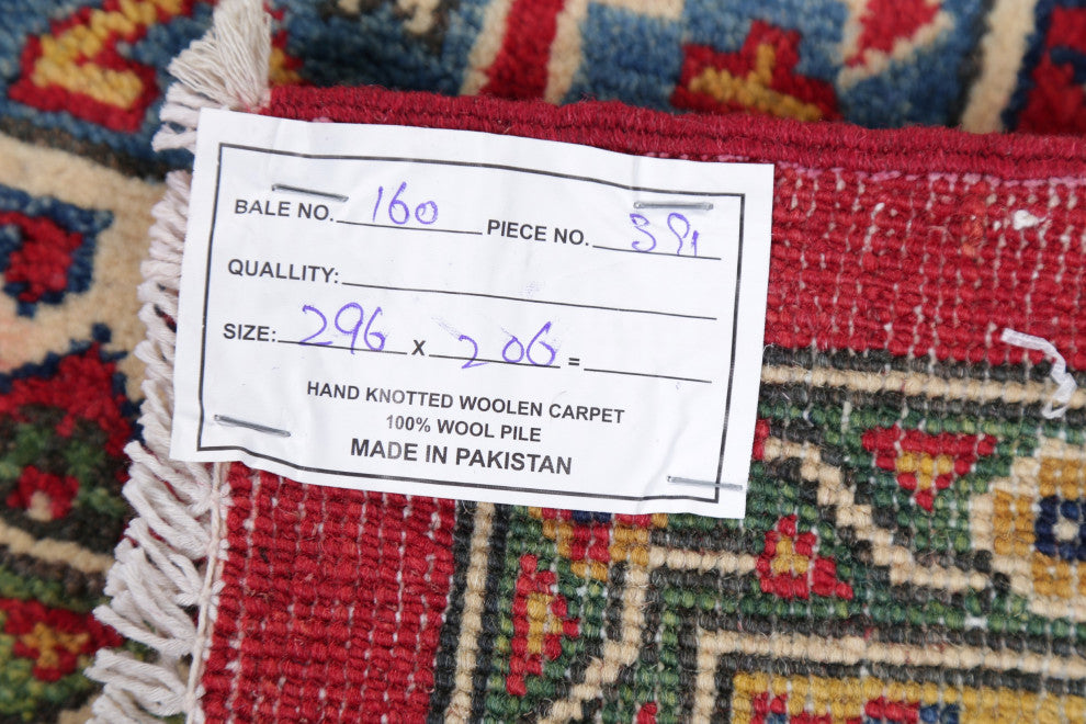 Traditional Oriental Hand-Knotted Pakistani Kazak Area Rug Bordered, 7 X 10 Ft.