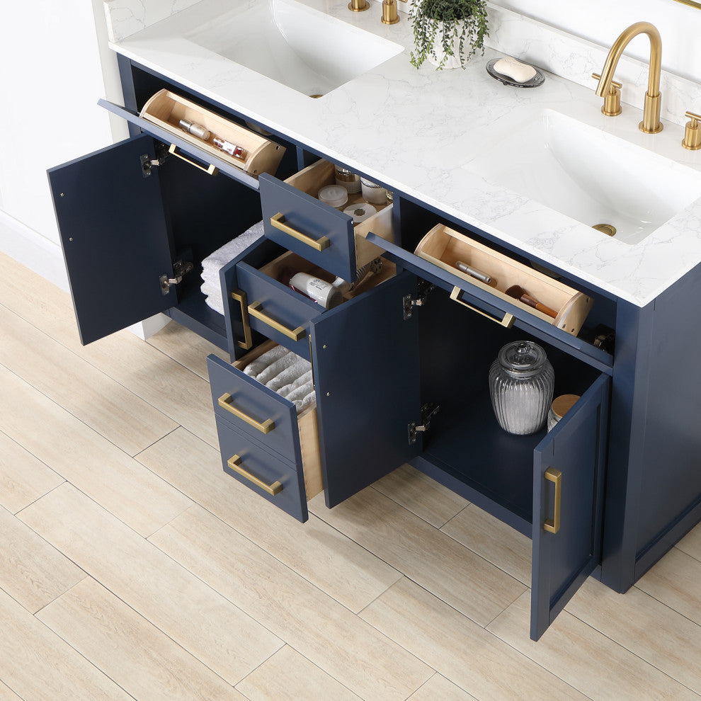 Gavino Vanity With Grain White Composite Stone Top, Royal Blue/Brushed Gold, 60", No Mirror