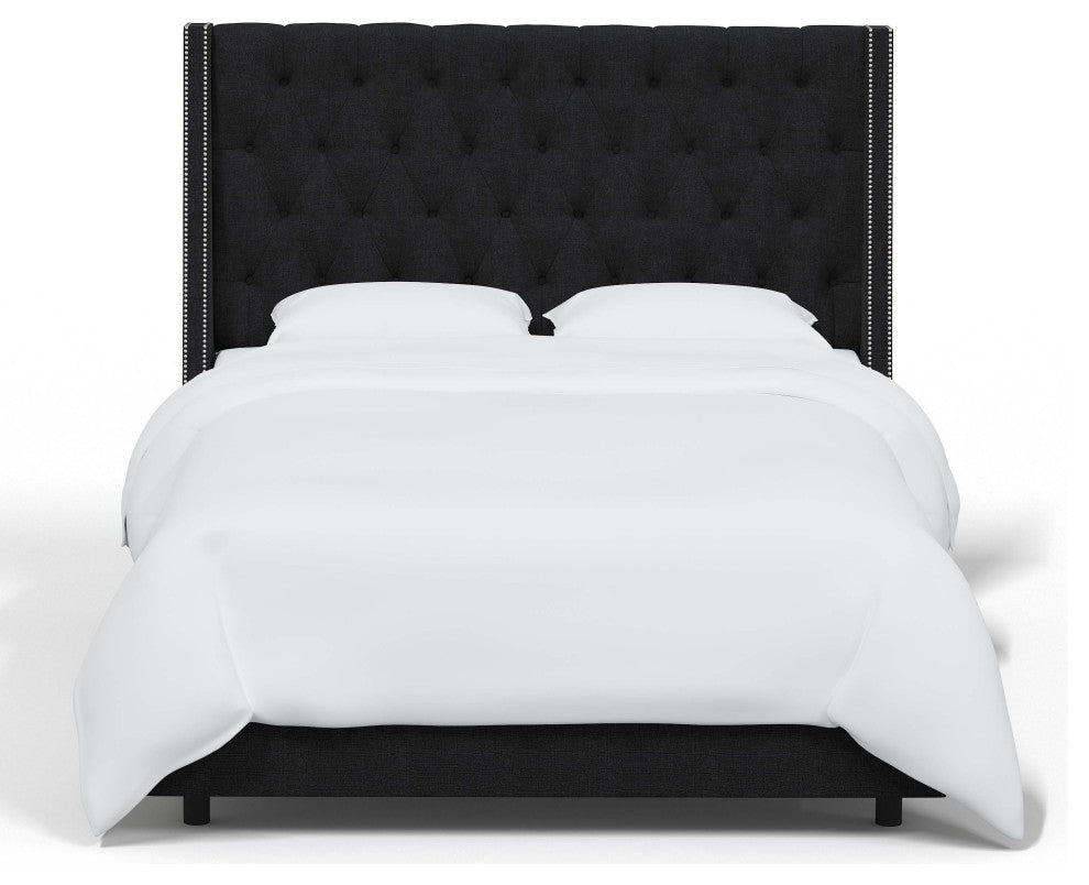 Tufted Sloped Wingback Bed, Nail Trim, Zuma Caviar, Queen