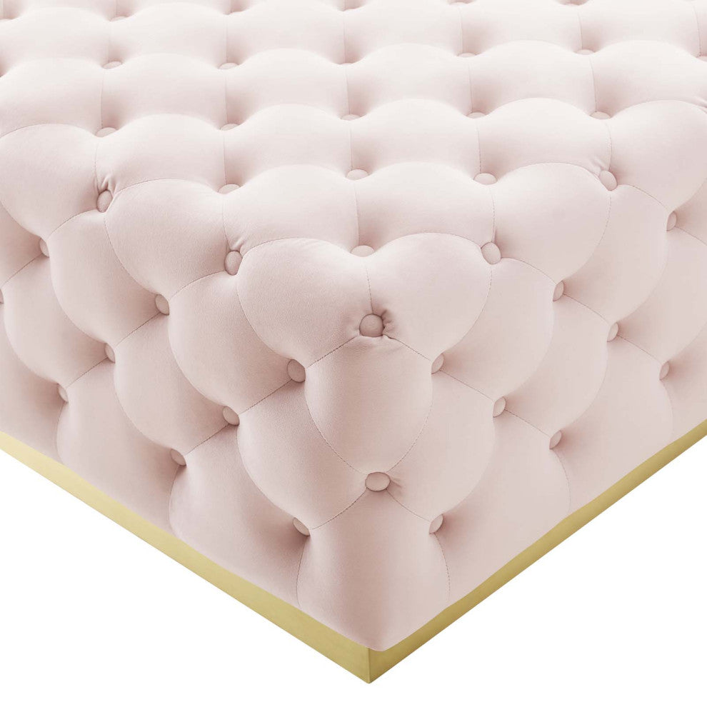 Tufted Accent Chair Ottoman, Square, Velvet, Pink, Modern, Lounge Hospitality
