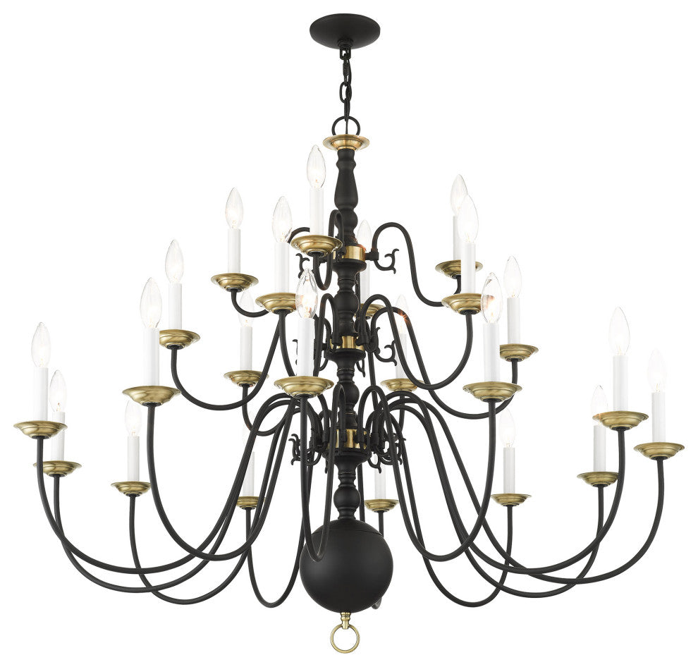 Livex Williamsburg 22 Light Black, Antique Brass Grande 3-Tier Foyer Chandelier