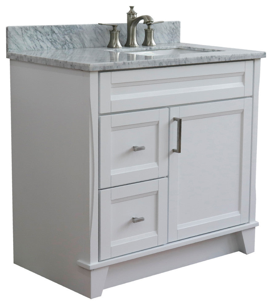 37" Single Sink Vanity, White Finish Top With White Carrara Marble
