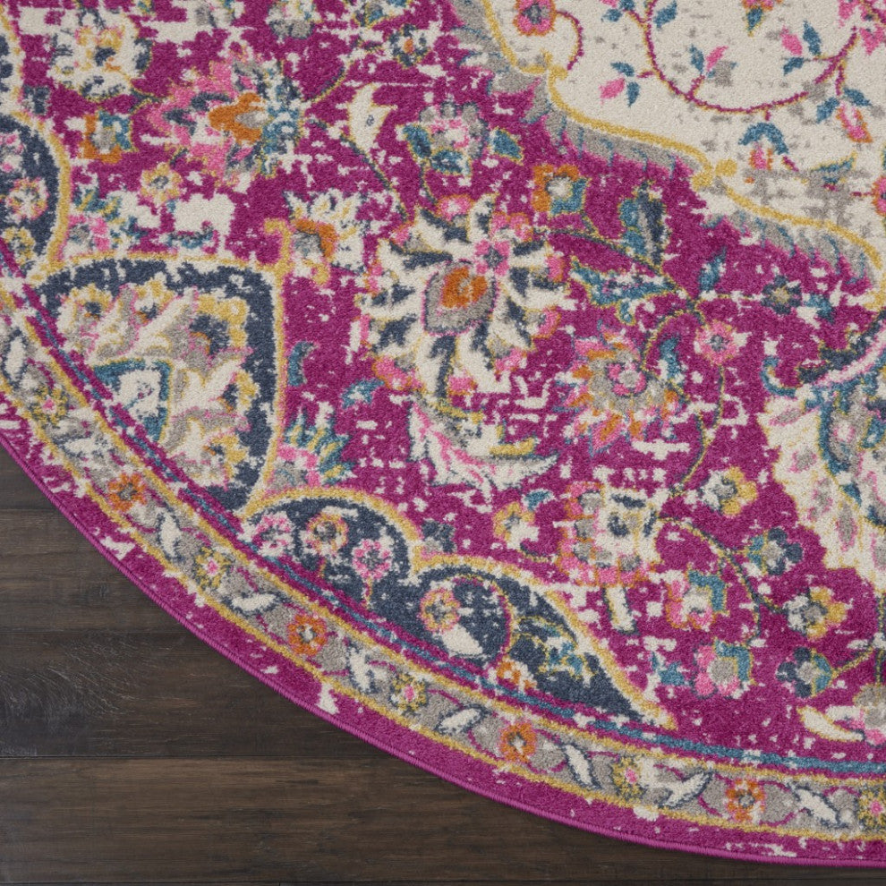8 Round Pink and Ivory Medallion Area Rug