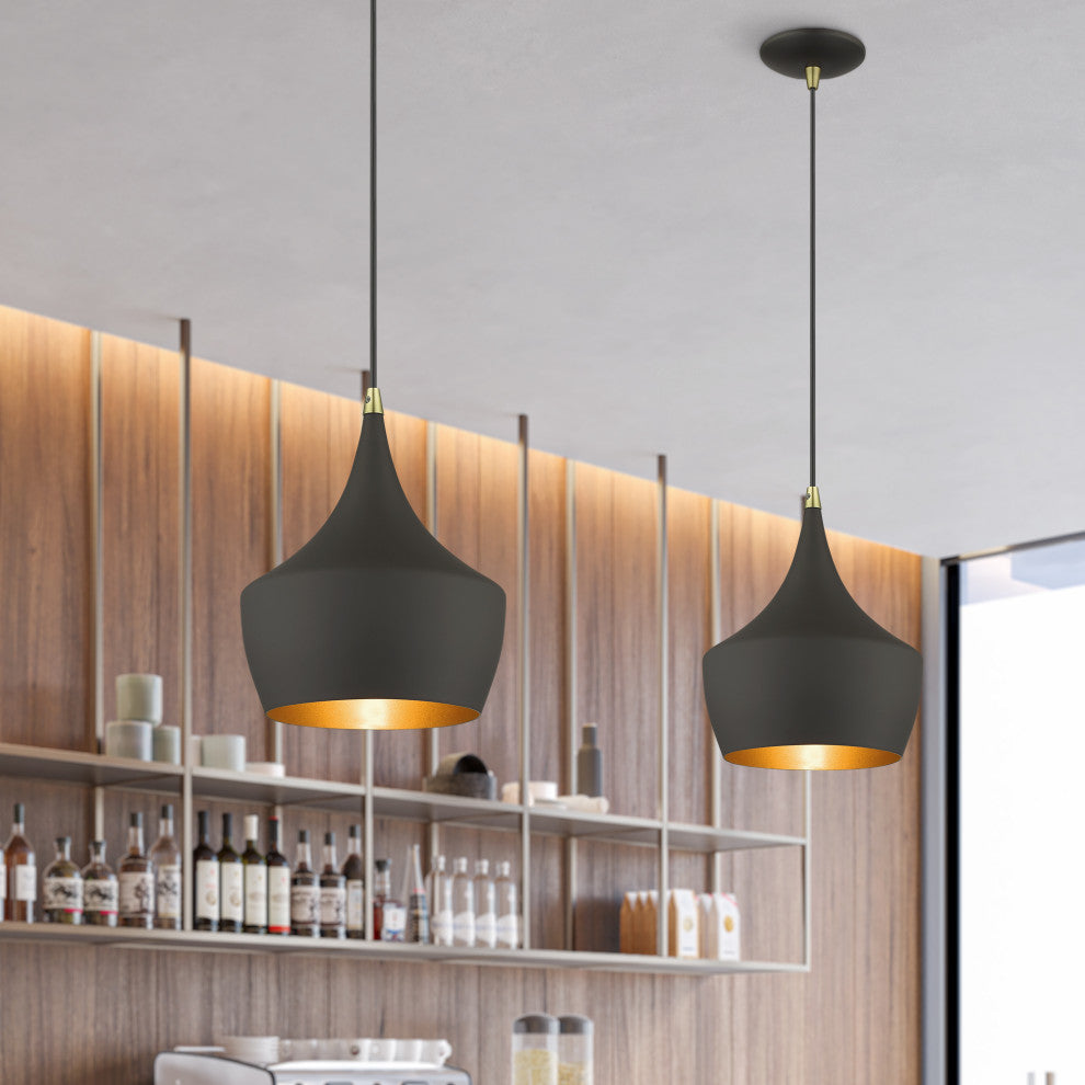 Waldorf 1-Light Bronze Pendant, Antique Brass Accents
