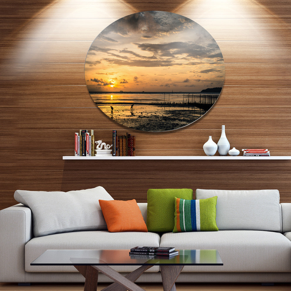 Dawn At Seaside During Low Tide, Seashore Disc Metal Wall Art, 23"