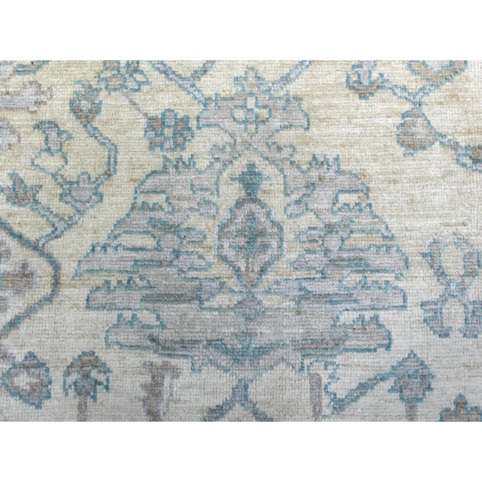 Afghan Angora Oushak Ivory-Blue Organic Wool Hand Knotted Rug, 7'10" x 10'0"