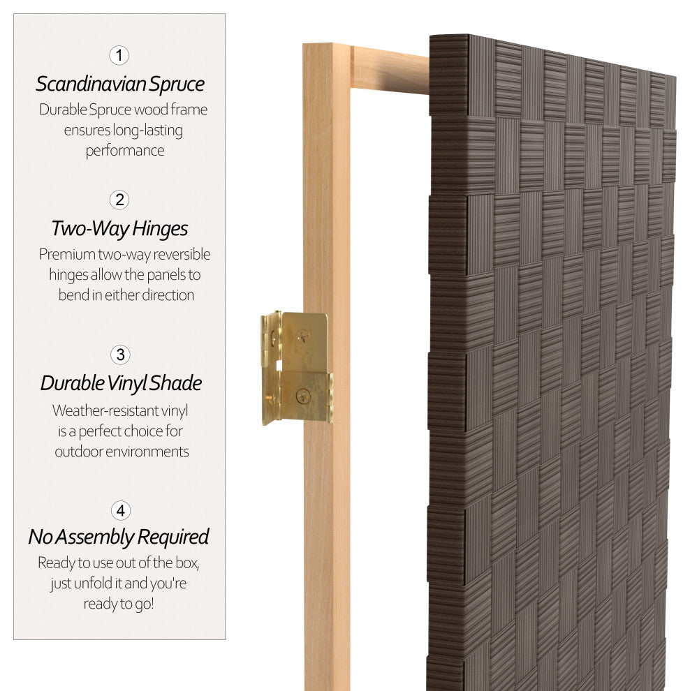 6' Tall Woven Fiber Outdoor All Weather Room Divider, 3 Panel, Dark Brown