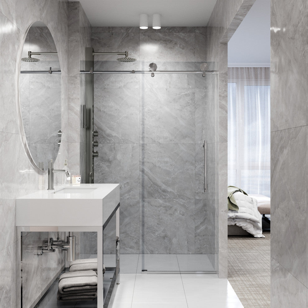 VIGO Elan Hart 56" to 60" W x 76" H Frameless Sliding Shower Door, Chrome, Clear Glass