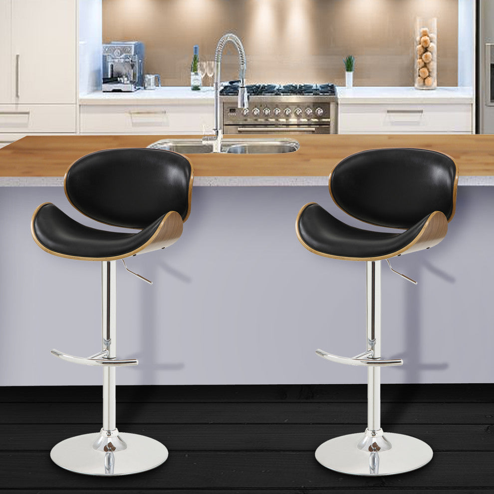 Donadio Swivel Barstool, Chrome With Black Faux Leather & Walnut Veneer Back