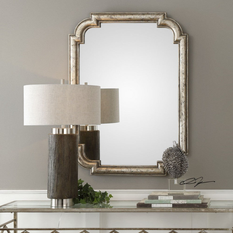 Rustic Rectangular Wall Mirror in Antiqued Silver Leaf Scalloped Corne