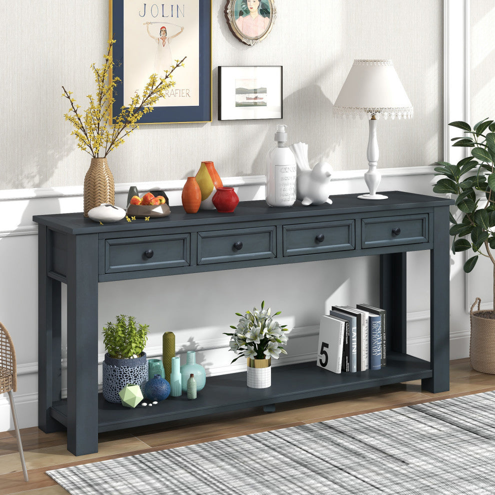 TATEUS 63" Console Table Hallway Sofa Table With Storage Drawers Bottom Shelf, Navy
