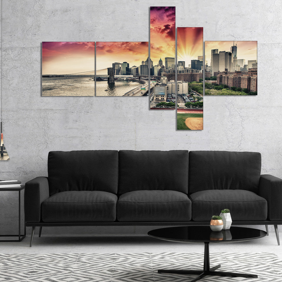 FDR Drive and Manhattan Skyline, Cityscape Photo Canvas Print, 60"x32", 5 panels