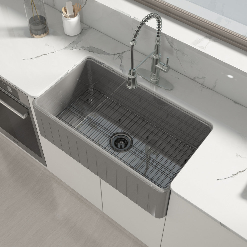 33in Single Bowl Fireclay Farmhouse Apron Kitchen Sink with Grid and Drainer, Matte Gray