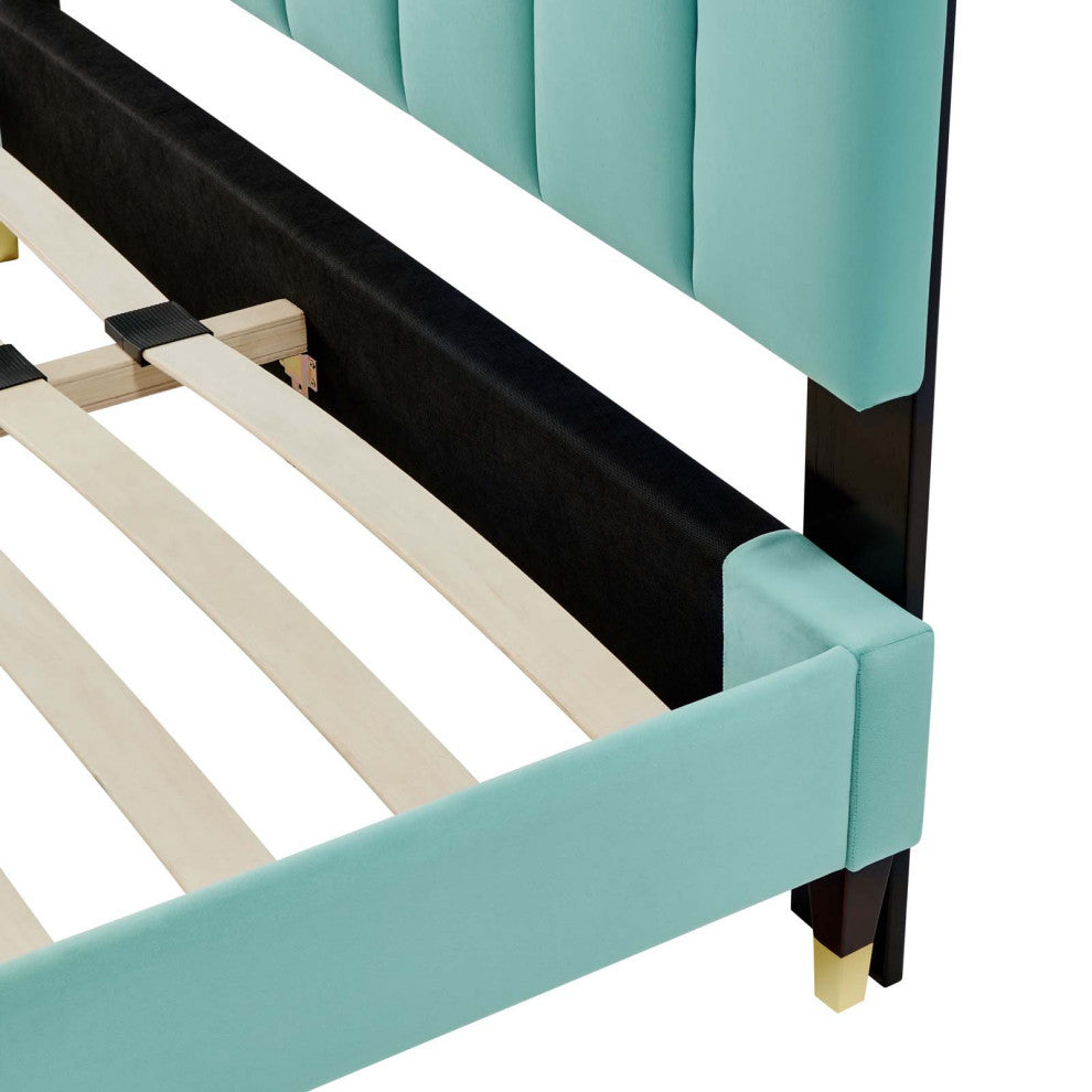 Platform Bed Frame, Queen Size, Blue, Velvet, Modern, Bedroom Guest Suite