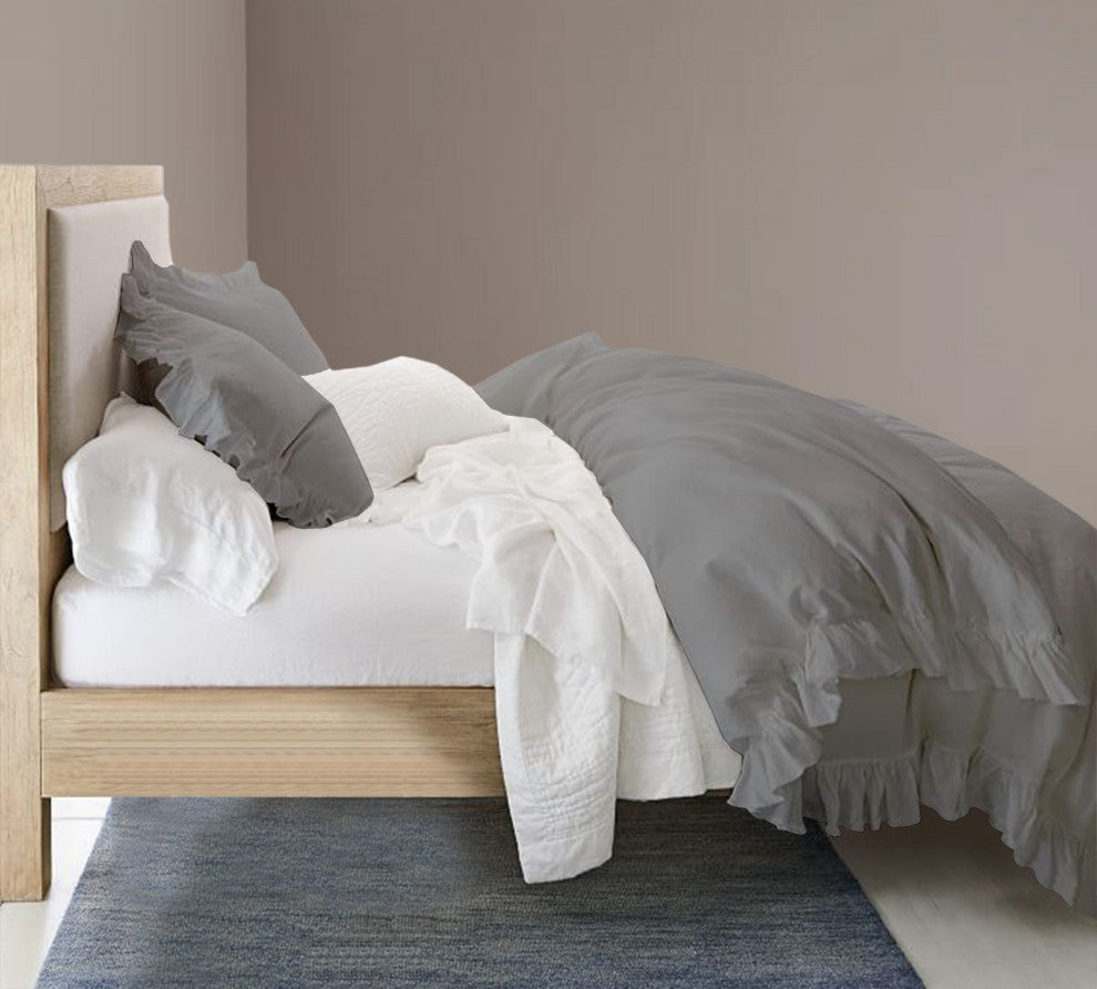 Organic Cotton 300 TC GOTS Certified 8 Internal Ties Ruffled Duvet Set, Dark Grey, Queen(88"x92")