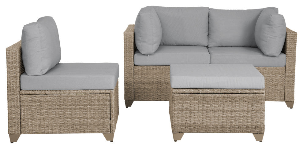 Maui 4-Piece Outdoor Conversation Set, Ottoman, Natural Aged Wicker, Stone