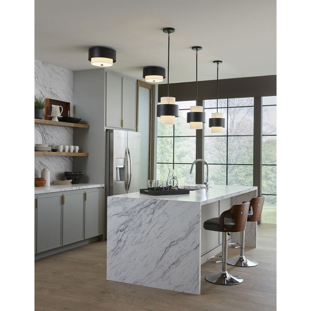 Silva Collection One-Light Matte Black White Linen Shade Pendant
