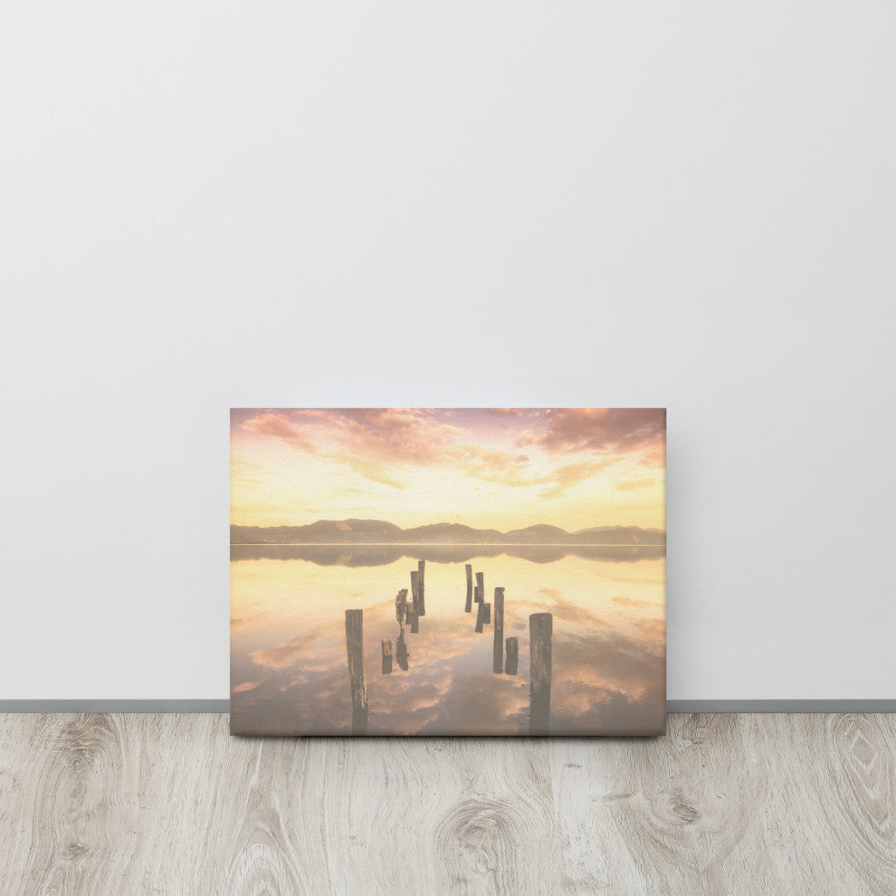 Sunset Pillars and Reflections on Lake Landscape Photo Canvas Wall Art Prints, 12" X 16"