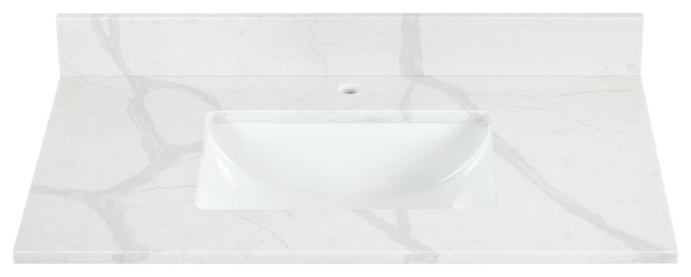 Arbios Quartz Stone Vanity Top in Calacatta White, Calacatta White, 36", Single Hole