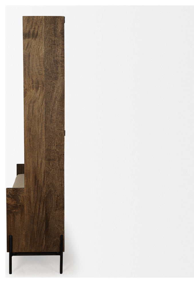 Brown Wood Cream Fabric Wrapped Seat Hall Tree With Storage