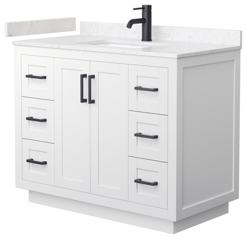 42"SGL Vanity White, Light-Vein Carrara Cult. Marble Top, Sink, Black Trim