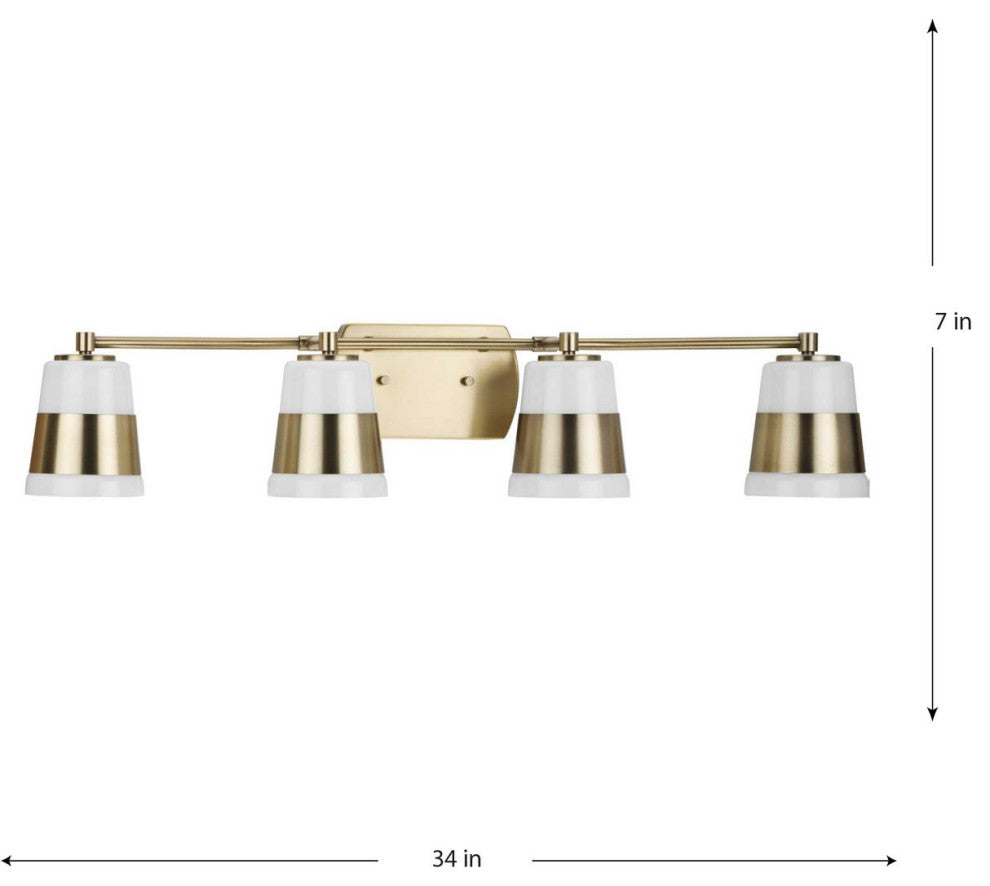 Haven Collection Four-Light Vintage Brass Opal Glass Luxe Industrial Bath Light