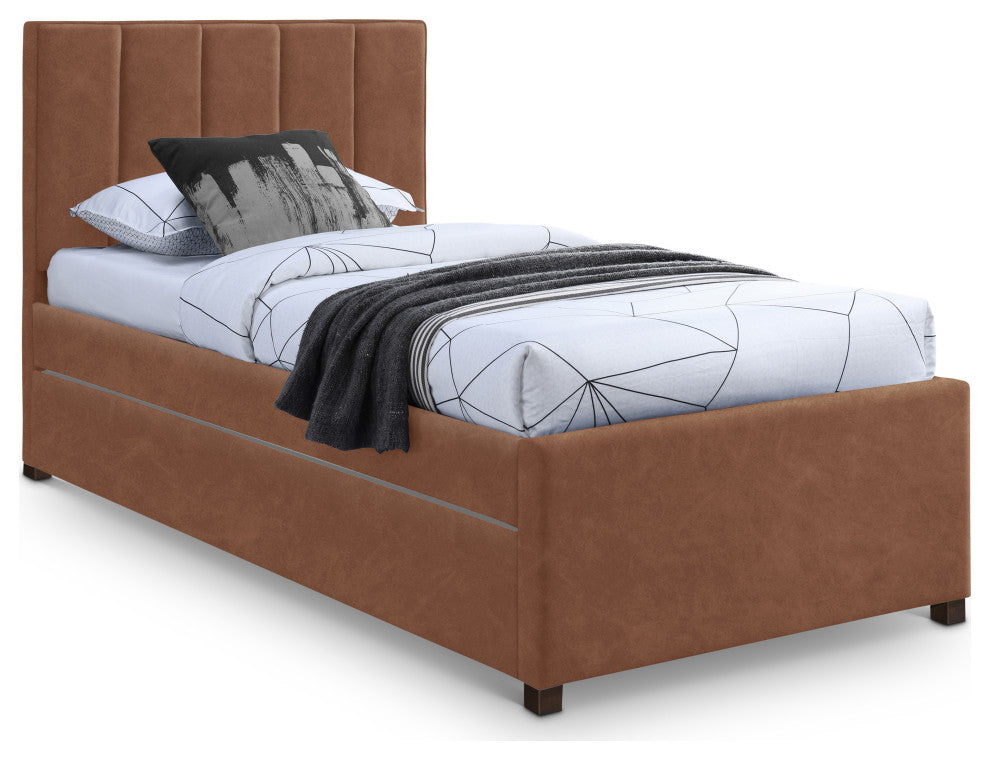 Hudson Beige Faux Leather Twin Trundle Bed, Cognac