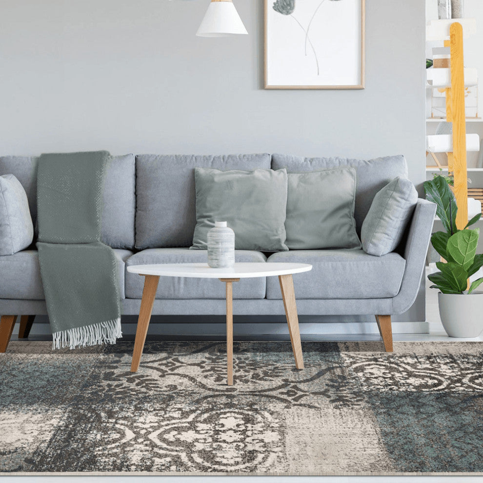 4' X 6' Teal And Gray Damask Distressed Stain Resistant Area Rug