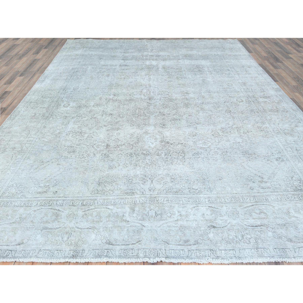 Blueish Gray, Worn Wool Hand Knotted, Vintage Persian Tabriz Rug, 9'4"x12'3"