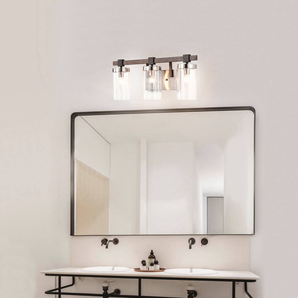 Lucy 3-Light Glass Wall Sconce, Satin Nickel and Faux Wood Finish