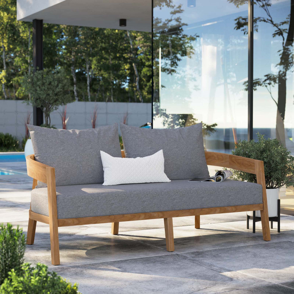Lounge Loveseat Sofa, Gray Natural, Teak Wood, Modern, Outdoor Hospitality