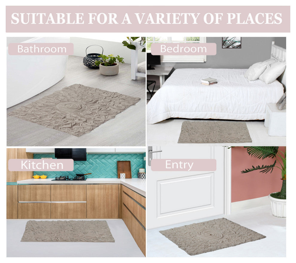 Bell Flower Collection Tufted Bath Rugs, 24"x40" Rectangle, Linen