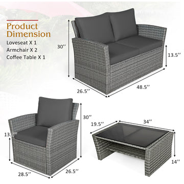 Costway 4PCS Patio Rattan Furniture Set Sofa Table W/Storage Shelf Gray Cushion