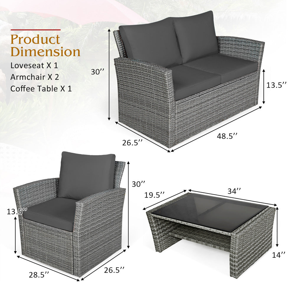 Costway 4PCS Patio Rattan Furniture Set Sofa Table W/Storage Shelf Gray Cushion