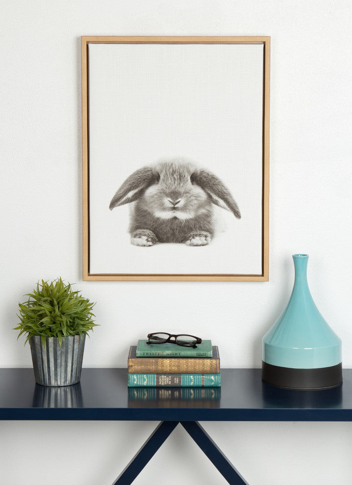 DesignOvation Rabbit Black and White Portrait Natural Framed Canvas Wall Art