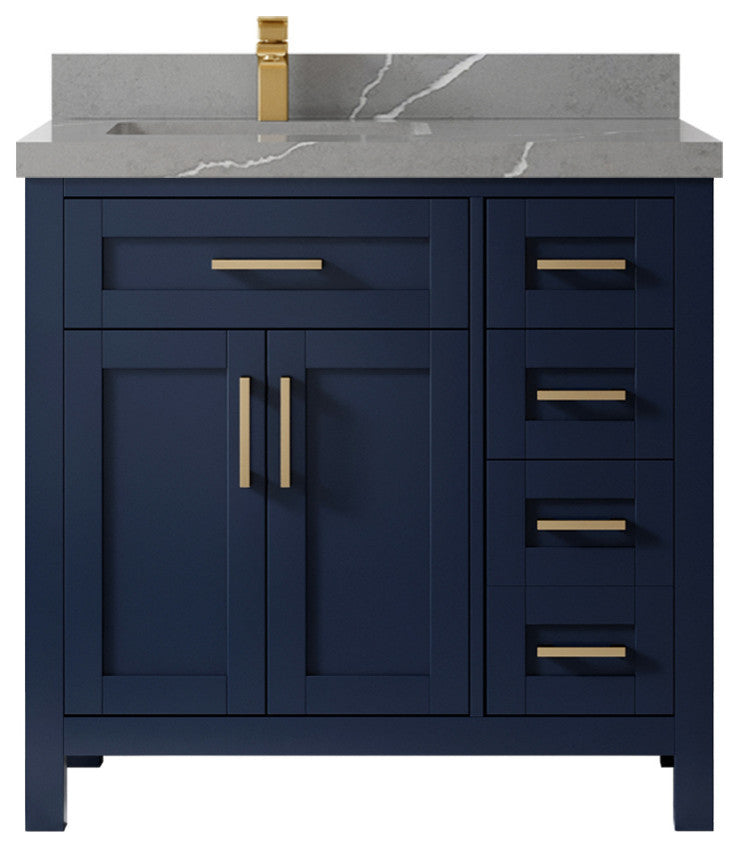 Cambridge 36 Left Offset Bath Vanity in Hale Navy Blue 2" Piatra Gray
